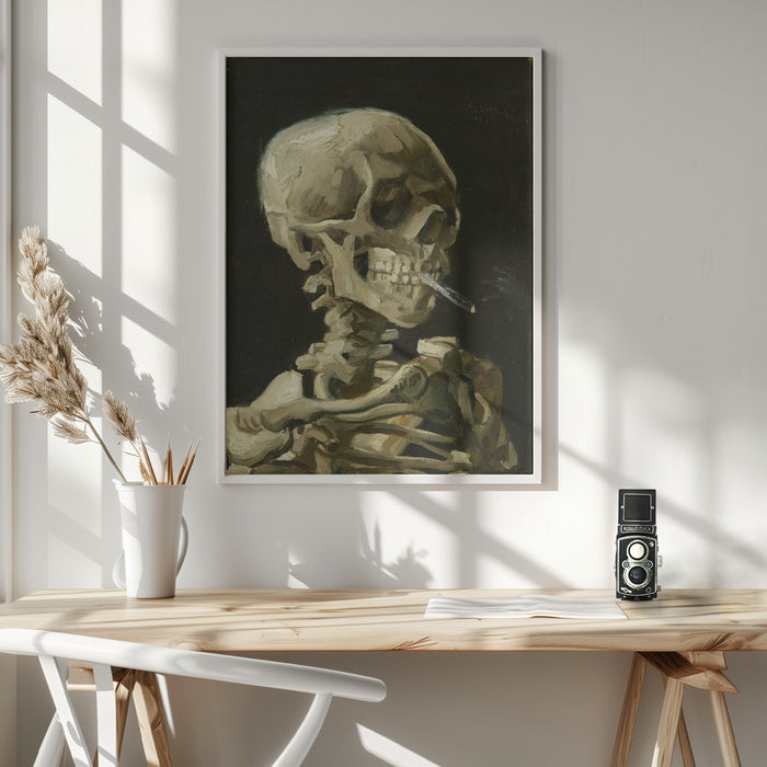 Head of a skeleton with a burning cigarette Framed Art Wall Decor