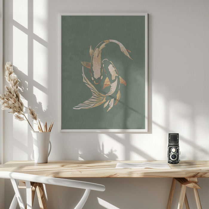 Sage Green Gold Koi Fish 1 Framed Art Wall Decor