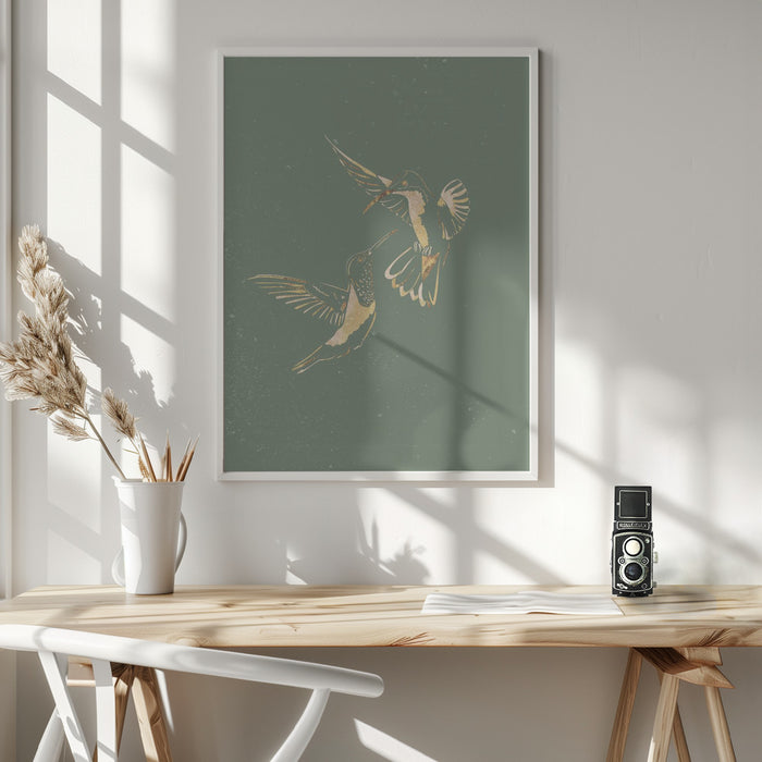 Sage Green Gold Hummingbirds Framed Art Wall Decor