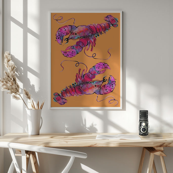 Lobsters On Orange Framed Art Wall Decor