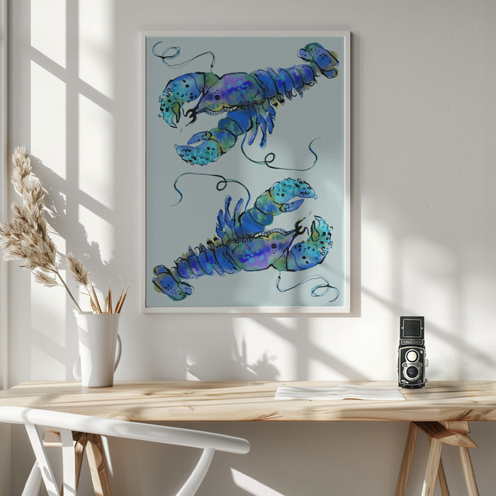 Lobsters On Azure Framed Art Wall Decor