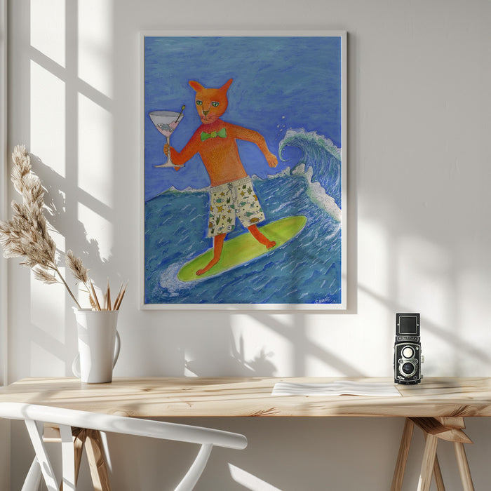 Surfing Cocktail Cat Framed Art Wall Decor