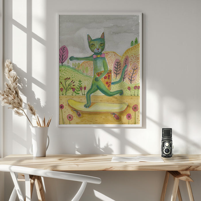 Pizza Cat Framed Art Wall Decor