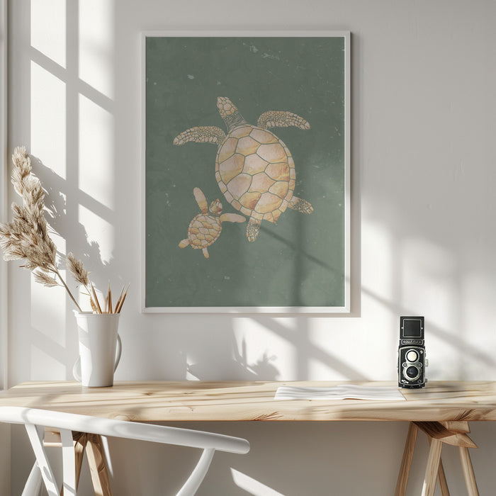 Gold Sage Green Turtles Framed Art Wall Decor