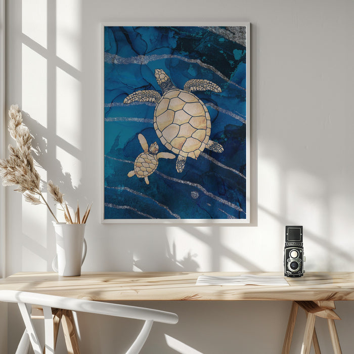 Gold turtles swimming Framed Art Wall Decor