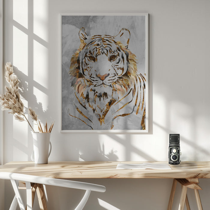 Golden Tiger and Concrete Framed Art Wall Decor