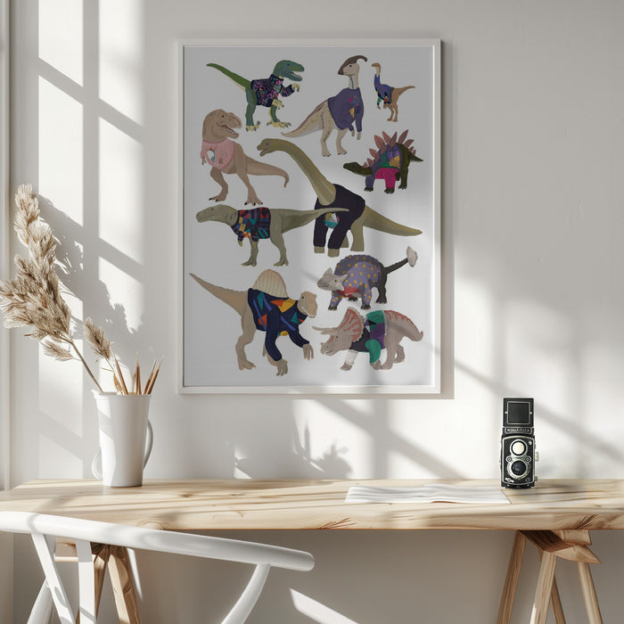 Dinosaurs In 80s Jumpers Framed Art Wall Decor