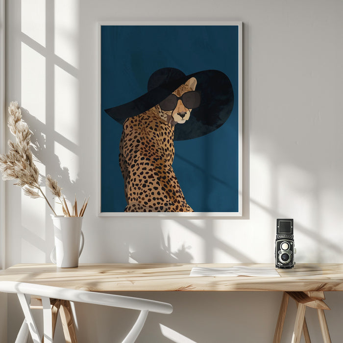 Fashionable Cheetah wearing a sunhat Framed Art Wall Decor