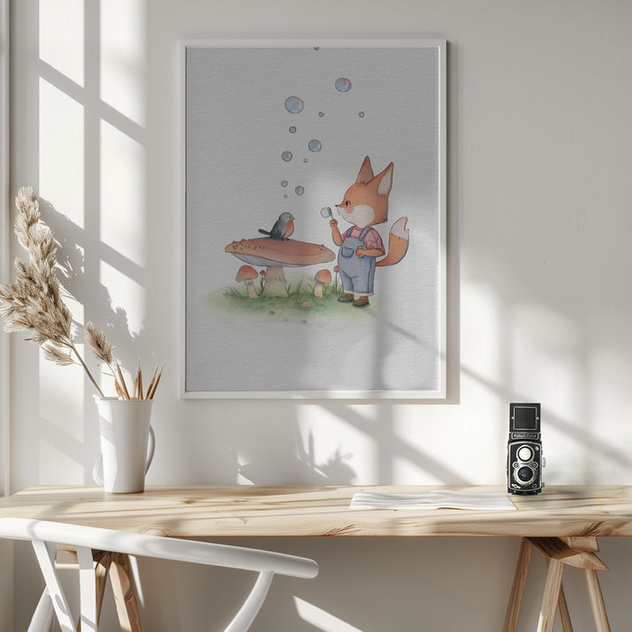 Fox and Bird Illustration Framed Art Wall Decor