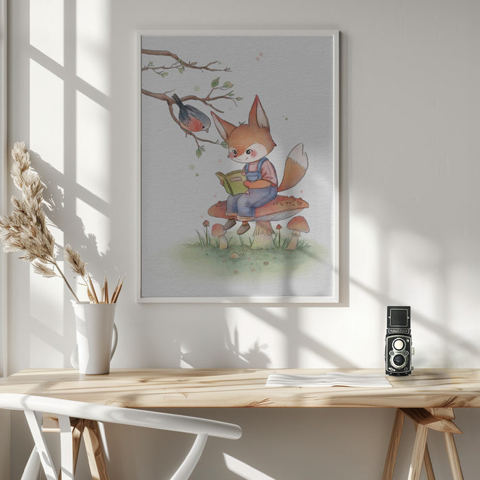 Fox and Bird Illustration Framed Art Wall Decor