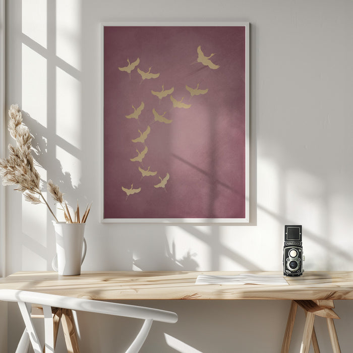 Pink Flying Cranes Framed Art Wall Decor