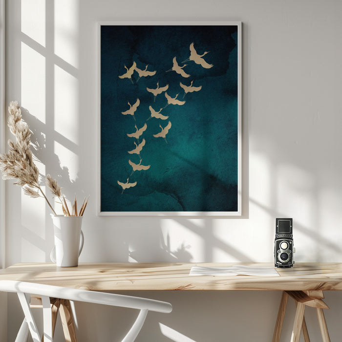 Teal Flying Cranes Framed Art Wall Decor