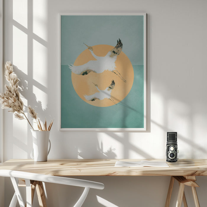 Mint Green Sun &amp; Cranes Framed Art Wall Decor