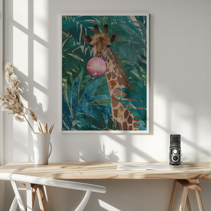 Bubblegum giraffe in the jungle Framed Art Wall Decor