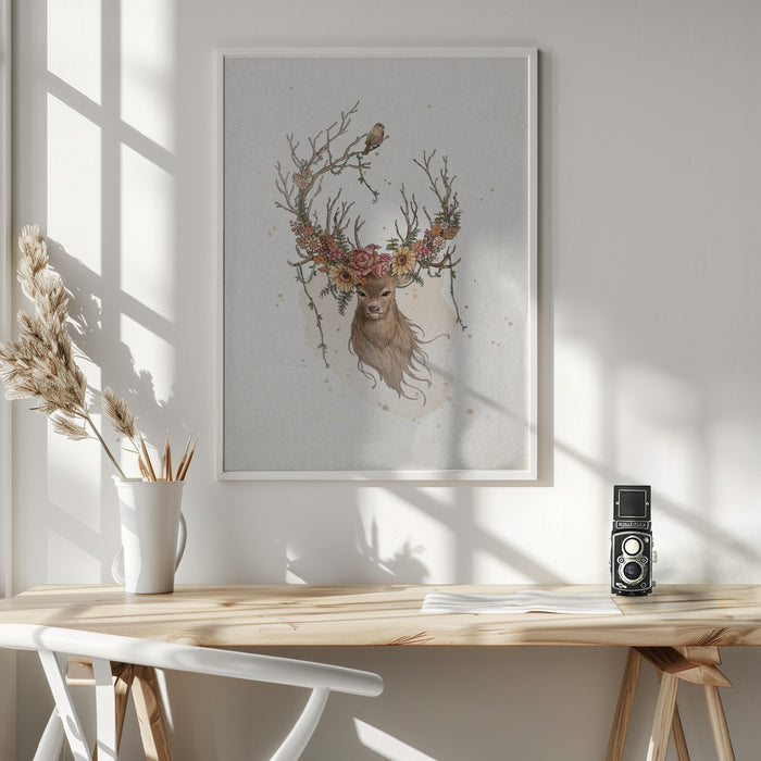 Deer and flowers Framed Art Wall Decor