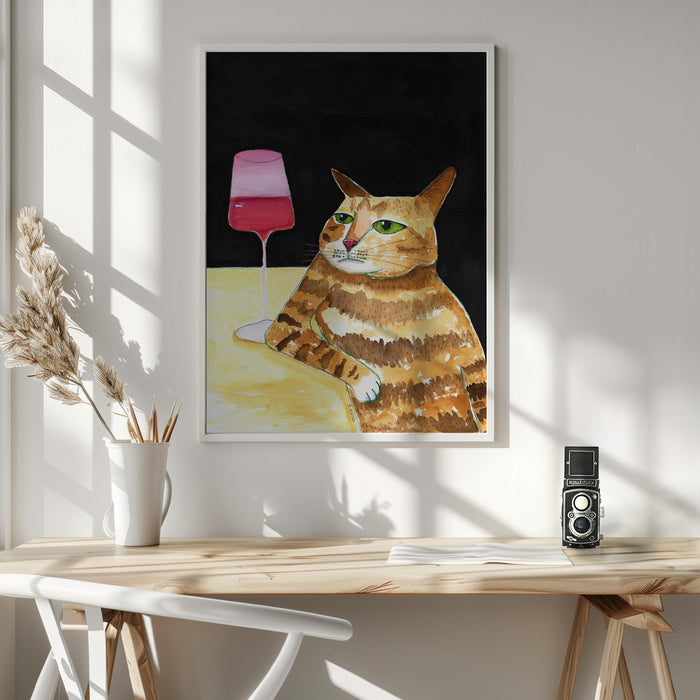 Cat Friday Night Drinks Wine Funny Cat Humour Framed Art Wall Decor