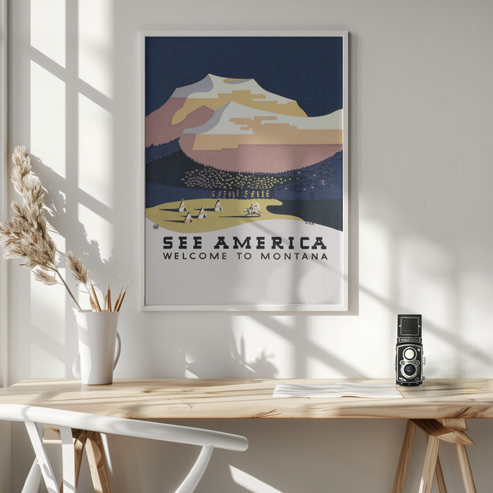 See America. Welcome To Montana (1936) Travel Poster By Richard Halls Framed Art Wall Decor