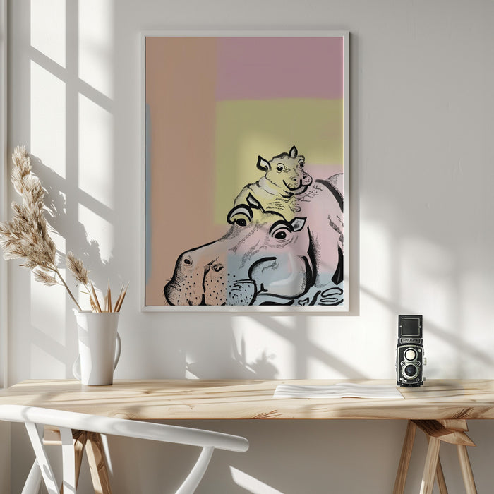 Mama hippo and baby Framed Art Wall Decor