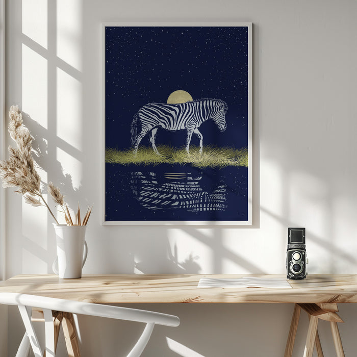 Zebra Waterhole Moonrise Framed Art Wall Decor