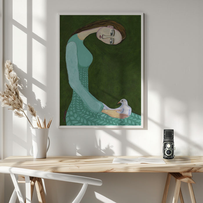 Lady sitting with white dove bird woman Framed Art Wall Decor