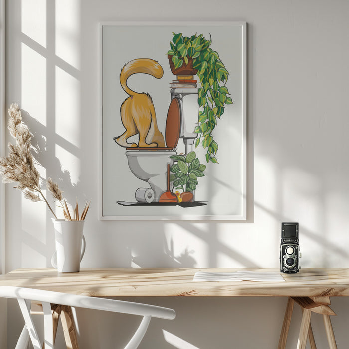 Cat Drinking From the Toilet Framed Art Wall Decor