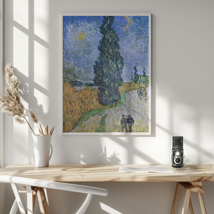 Vincent Van Gogh's Road With Cypress and Star 1890 Framed Art Wall Decor