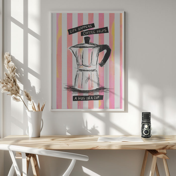 Mocca Coffee on Stripes - Hug in a Cup Framed Art Wall Decor