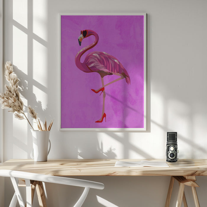 Flamingo in heels and heart glasses pink Framed Art Wall Decor