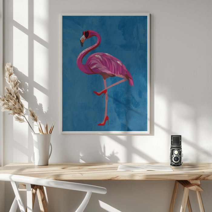 Flamingo in heels and heart glasses blue Framed Art Wall Decor