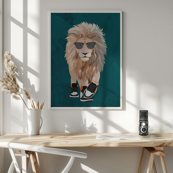 Lion prowling in high top sneakers Framed Art Wall Decor