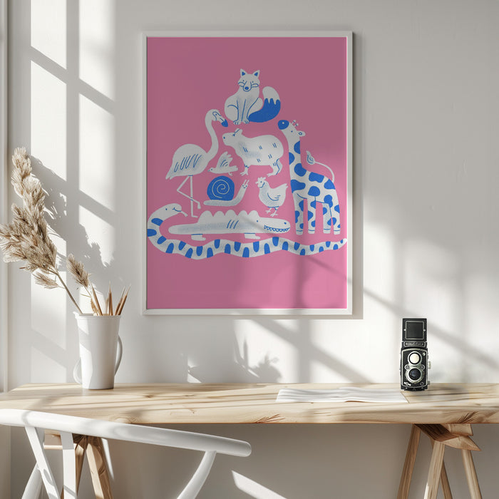 Pink Animal Collage Framed Art Wall Decor