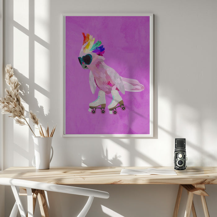 Rollerskating pink cockatoo Framed Art Wall Decor