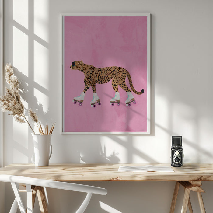 Cheetah rollerskating Framed Art Wall Decor