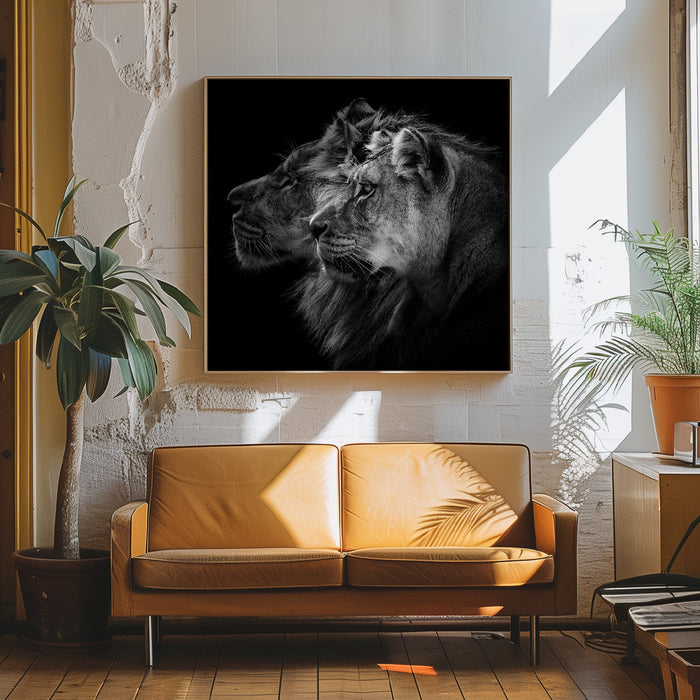 Lion and  lioness portrait Square Canvas Art Print