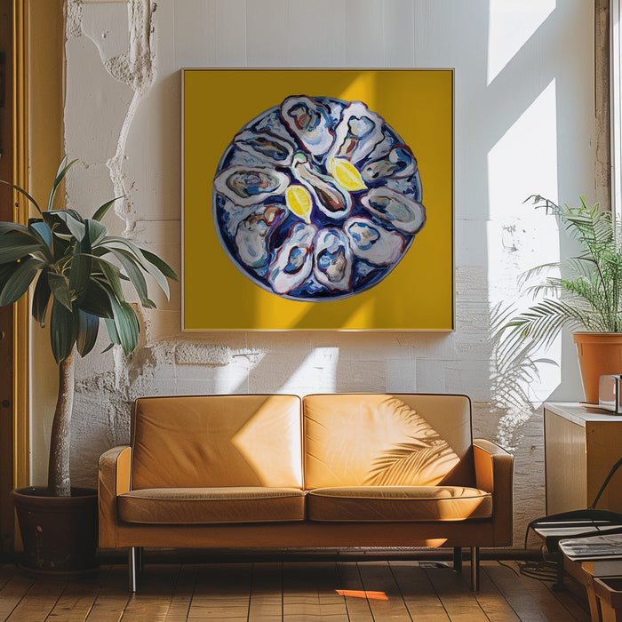 Oysters On a Plate Yellow Square Canvas Art Print