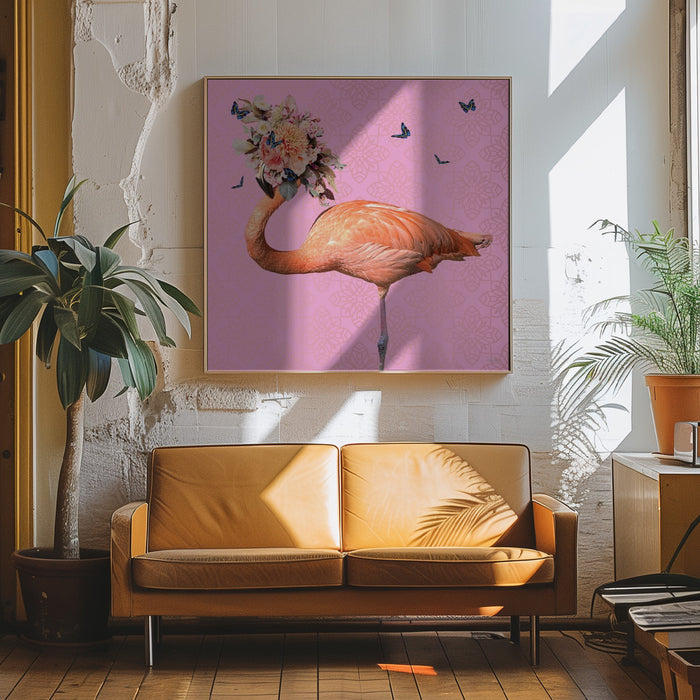 Spring Flower Bonnet On Flamingo Square Canvas Art Print