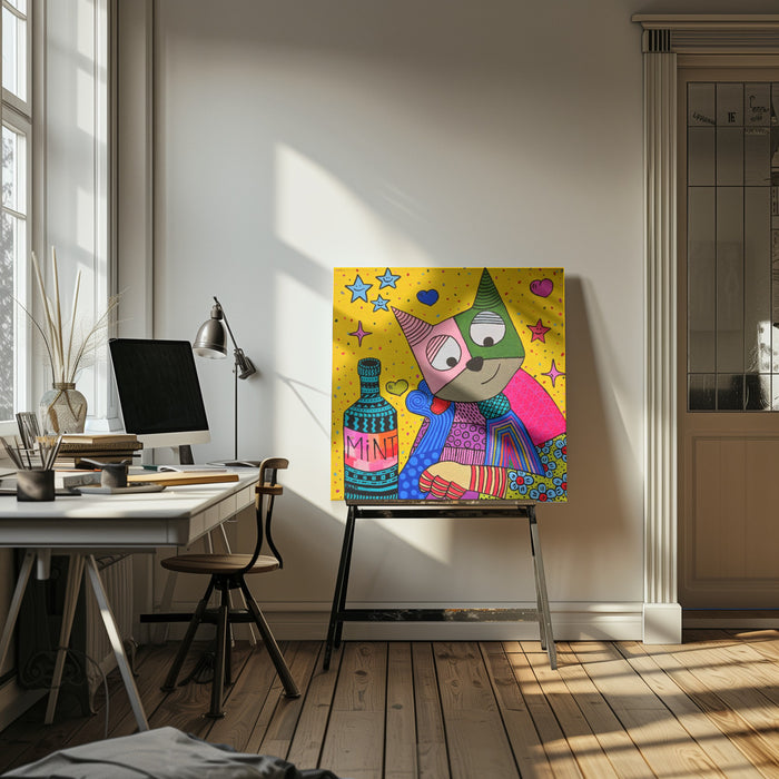 Cat and bottle of mint Square Canvas Art