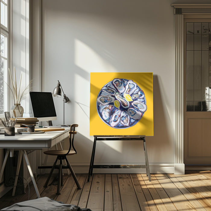 Oysters On a Plate Yellow Square Canvas Art Print