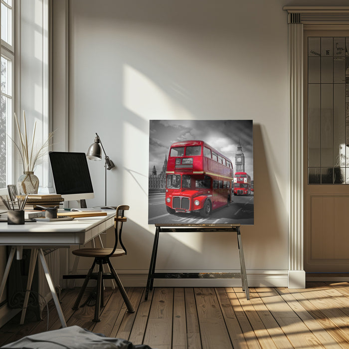 LONDON Red Buses on Westminster Bridge Square Canvas Art Print