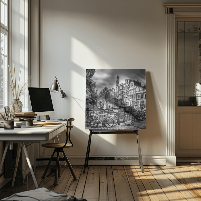 AMSTERDAM Flower Canal black &amp; white Square Canvas Art Print