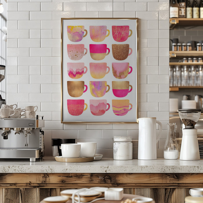 Pretty Pink Coffee Cups Framed Art Modern Wall Decor