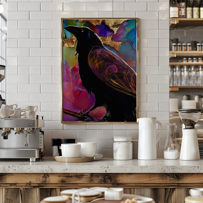 Raven with Pink and Gold Framed Art Modern Wall Decor