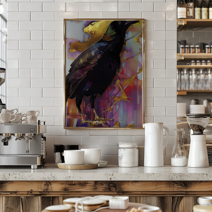 Raven with Pink and Gold Framed Art Modern Wall Decor