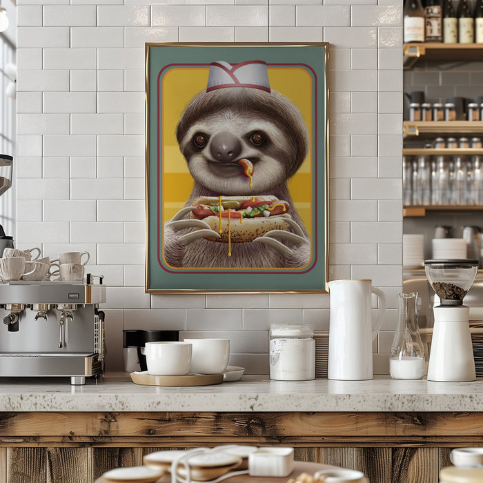 SLOTH SELLING HOTDOGS Framed Art Modern Wall Decor