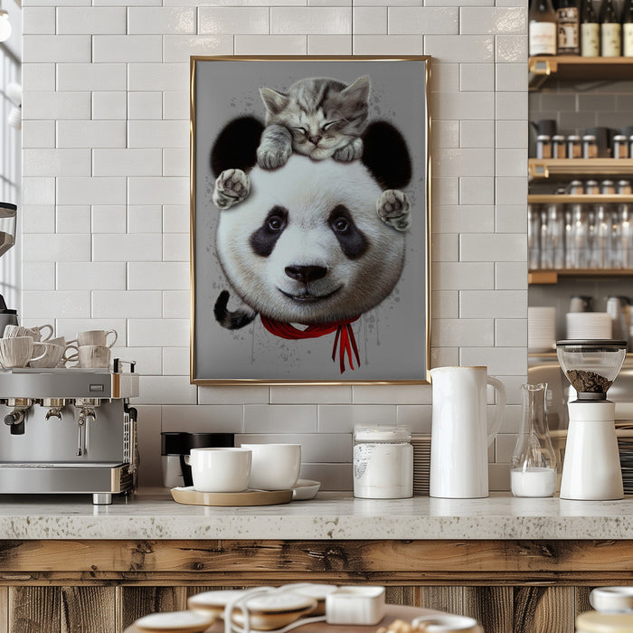 cat on panda bear Framed Art Wall Decor