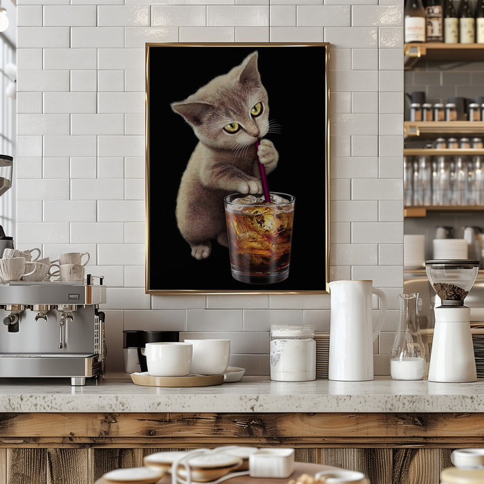 cat and soft drink Framed Art Wall Decor