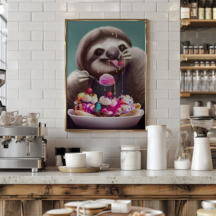 SLOTH ENJOYING ICE CREAM Framed Art Modern Wall Decor