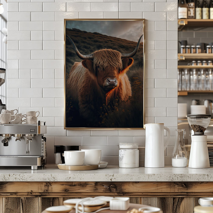 Highland Cow With Big Horns Framed Art Modern Wall Decor