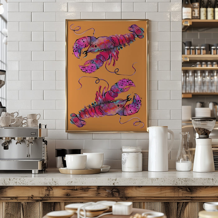 Lobsters On Orange Framed Art Wall Decor