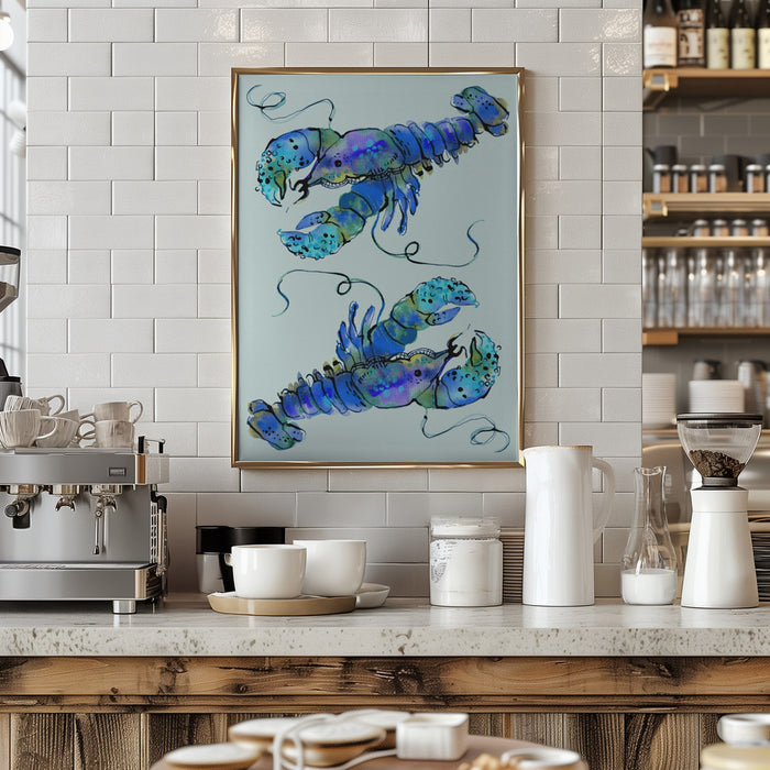 Lobsters On Azure Framed Art Wall Decor